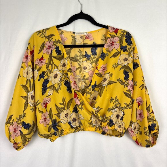 Heart + Hips Floral Crop Top‎ Women’s Medium Yellow Boho Blouse Puff Sleeves - Picture 2 of 15